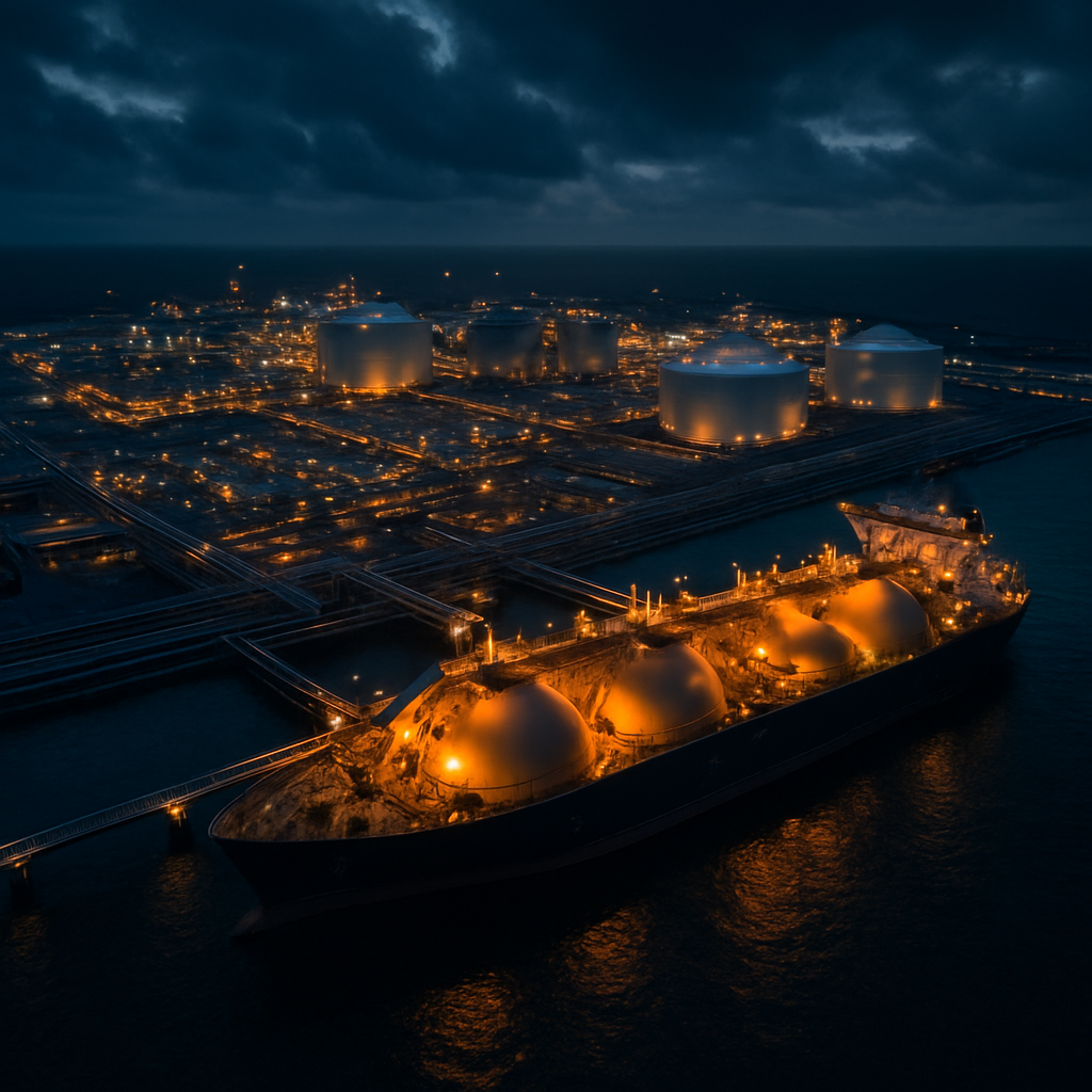 Aerial view of an LNG export terminal and gas carrier at dusk