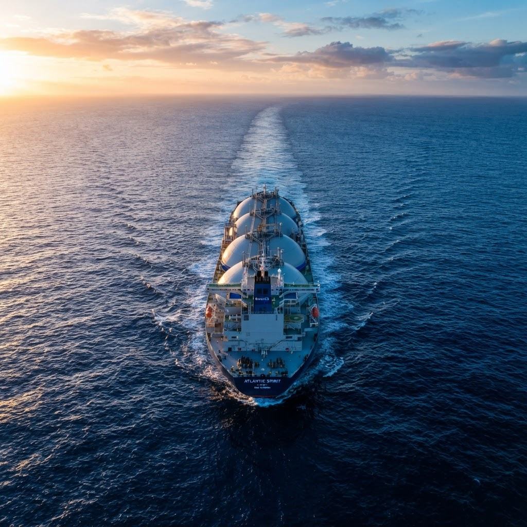 LNG carrier crossing the Atlantic corridor at golden hour